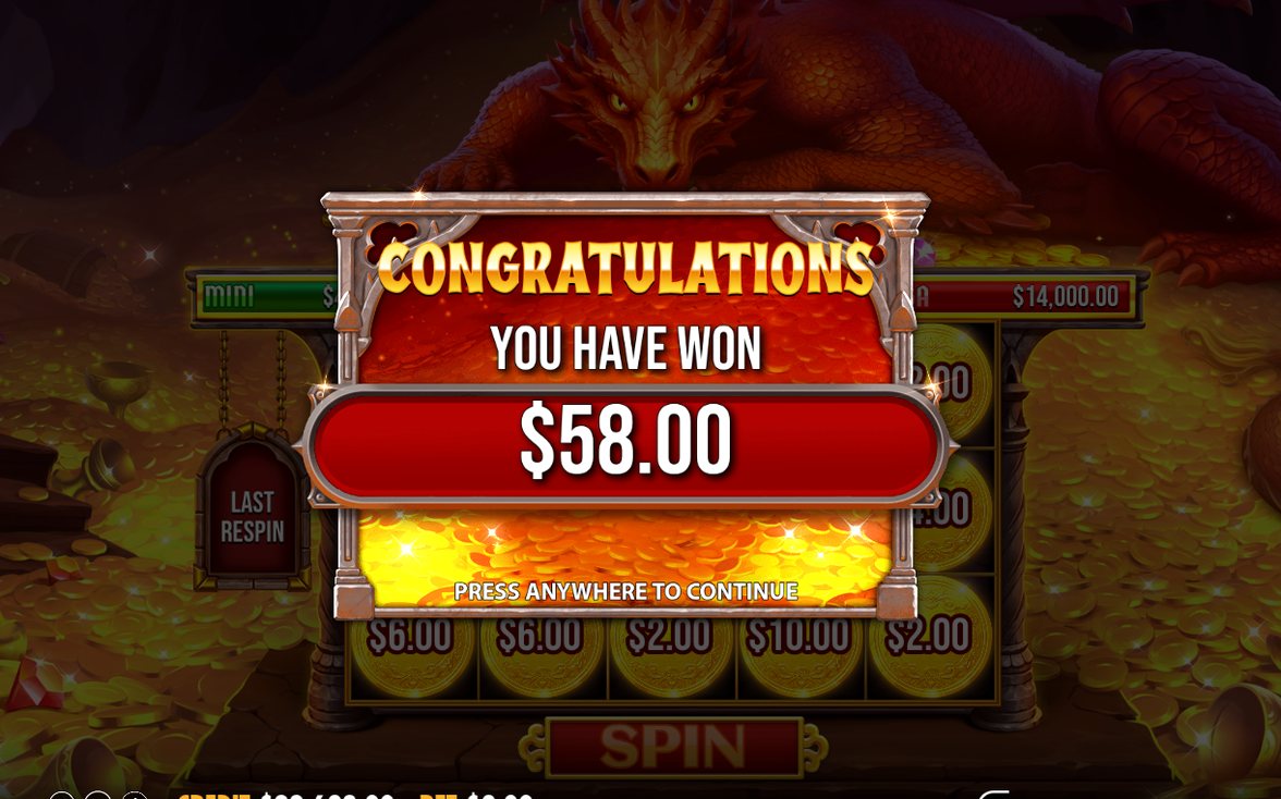 Win screen showing the payout for the winning line